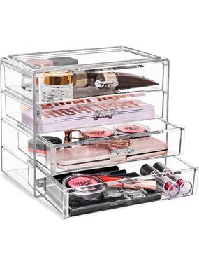 Clear 4-Drawer Makeup Organizer Set for Vanity & Countertop Storage Solution